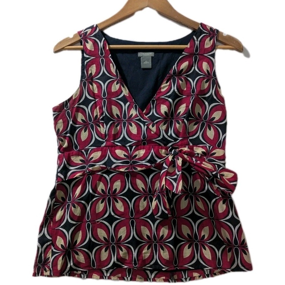 Ann Taylor Petites‎ 6P Sleeveless Printed Tie Waist Top Geometric Retro Blouse